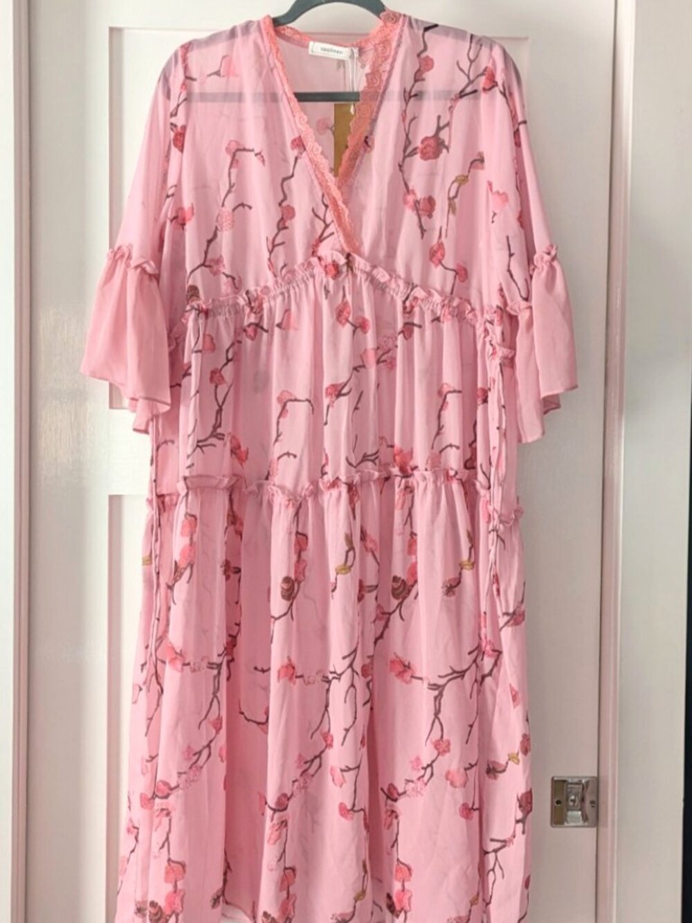 NWT Soolinen Sheer Tiered Chiffon Midi Dress Pink Floral Dress L Coquette